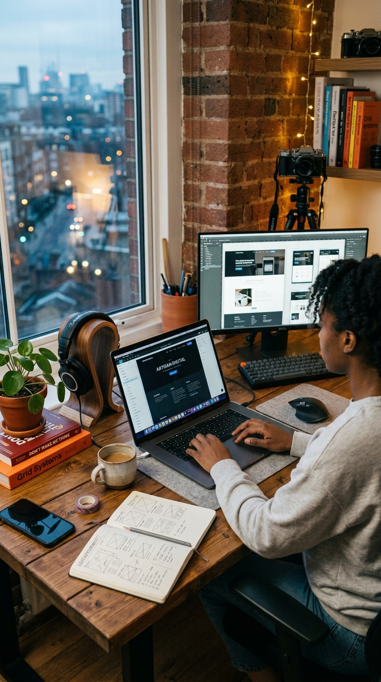 Person using laptop and large monitor for digital design at wooden desk with coffee and notebook